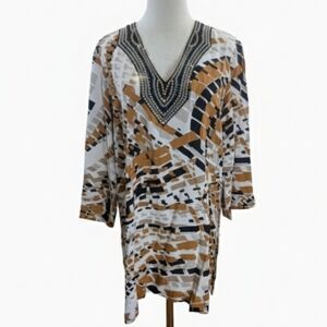 Dennis Basso Women's Size Small Abstract V-Neck Tunic in Black, Brown, and White